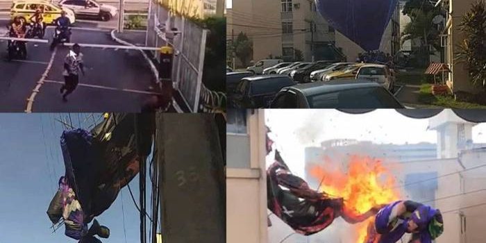 Imagens mostram correria e explosões após queda de balão em condomínio em Irajá